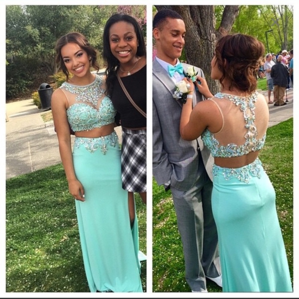 turquoise two piece prom dress